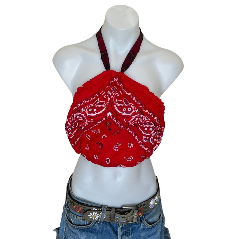 Bandana Halter Top Crop One Size Festival Western Red Handcrafted Unique NEW - Picture 4 of 8